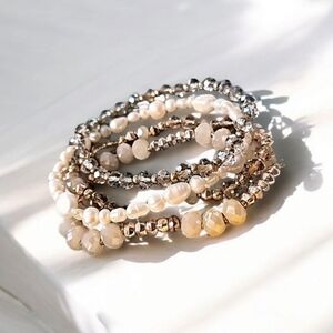 Crystal and pearl and taupe stones bracelets (4) stretchy LOT 669